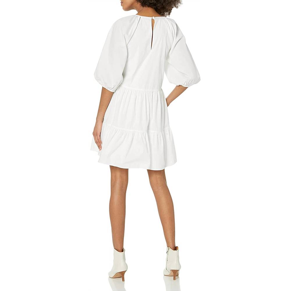 NEW CINQ A SEPT lynn cotton bow detail puff sleeve flared mini dress in white - Picture 5 of 6